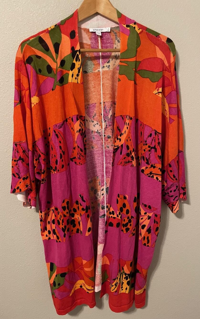 Chicos Cardigan Womens 4 US XXL Multicolor Tropical Kimono Sleeve Open Front